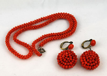Victorian Woven Coral Necklace and Earrings