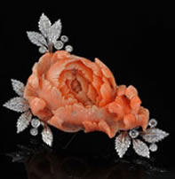 Vintage carved coral floral and diamond brooch